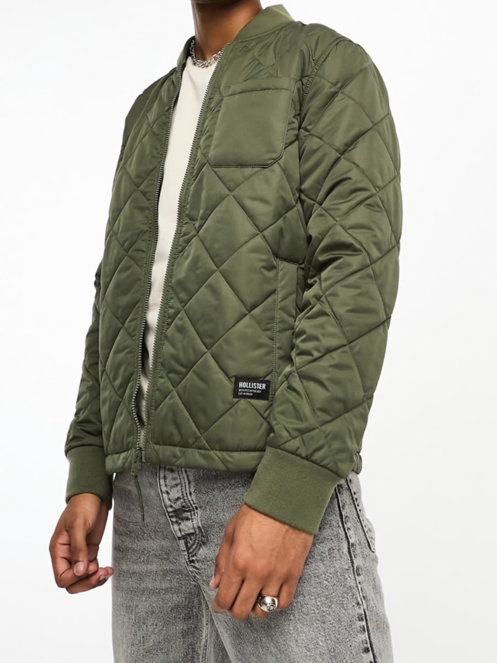 Hollister - diamond quilt bomber jacket in olive green